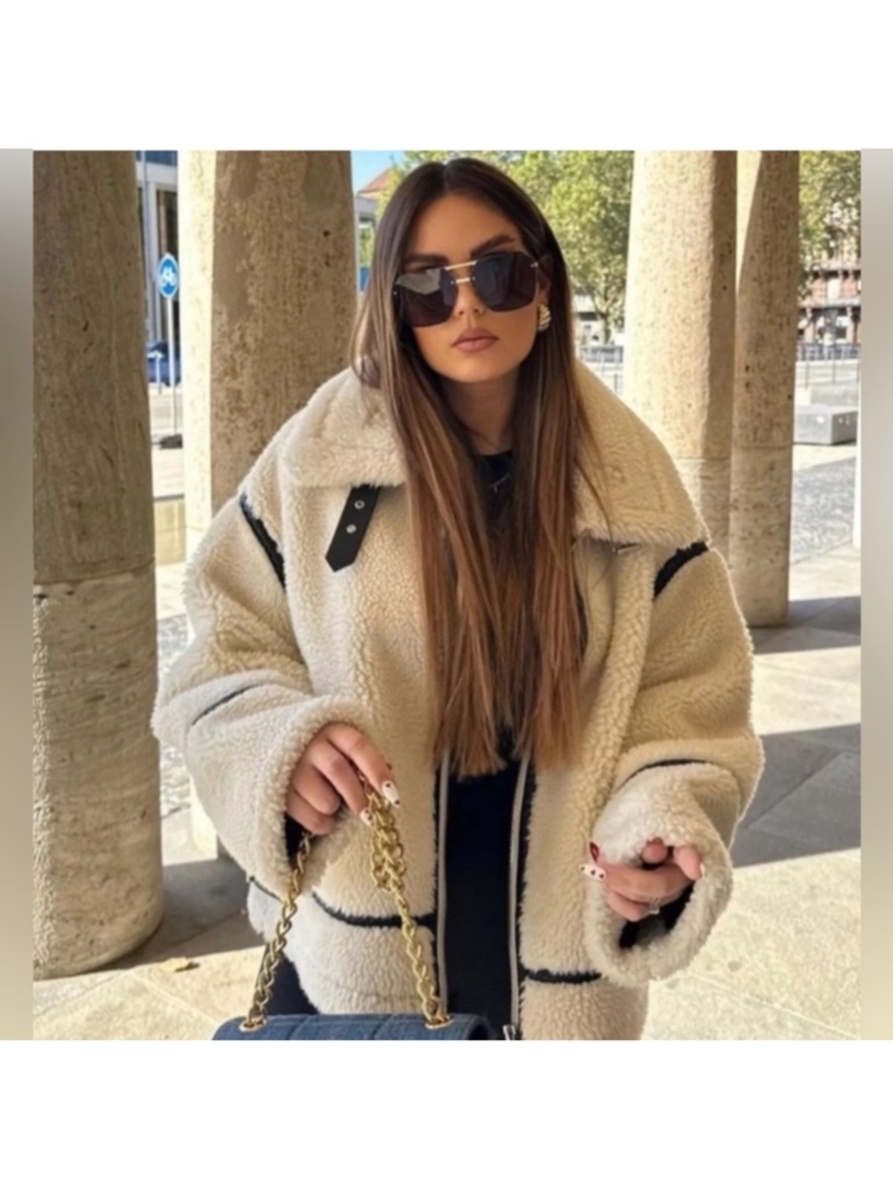 Zara Ecru Faux Shearling Biker Jacket